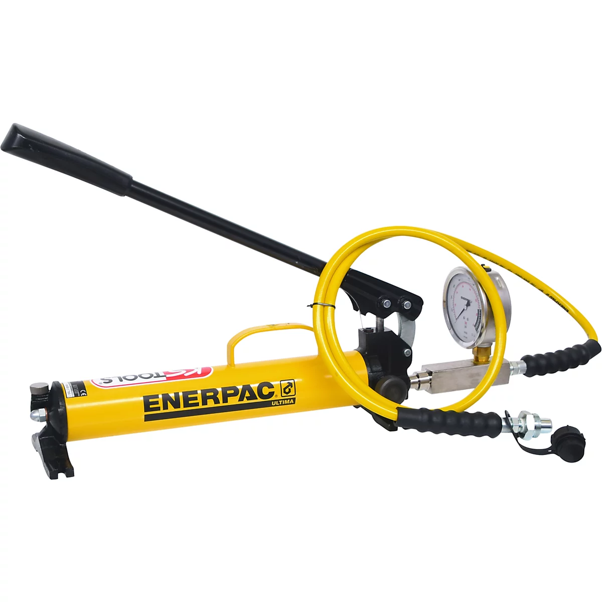 Gelbe Hydraulikpumpe mit schwarzem Hebel, Manometer und gelbem Schlauch.